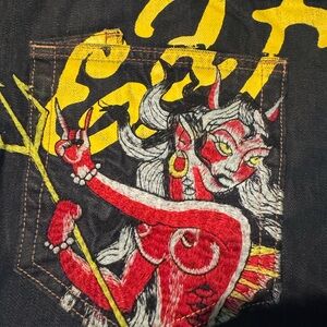 Ed Hardy Red and Yellow Graphic Denim Jeans